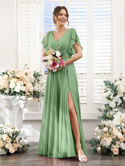 Vestidos de Dama de Honra Em Chiffon Linha A com Mangas Curtas e Laterais Divididas Até O Chão