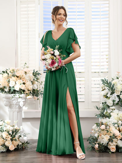 Vestidos de Dama de Honra Em Chiffon Linha A com Mangas Curtas e Laterais Divididas Até O Chão