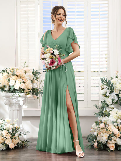 Vestidos de Dama de Honra Em Chiffon Linha A com Mangas Curtas e Laterais Divididas Até O Chão