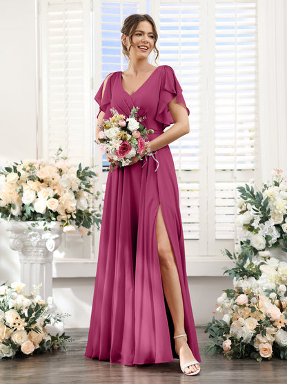 Vestidos de Dama de Honra Em Chiffon Linha A com Mangas Curtas e Laterais Divididas Até O Chão
