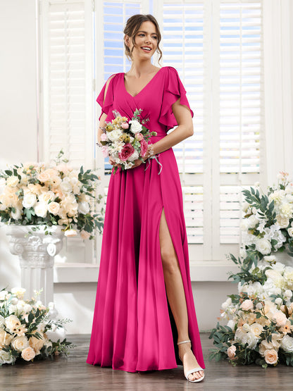Vestidos de Dama de Honra Em Chiffon Linha A com Mangas Curtas e Laterais Divididas Até O Chão