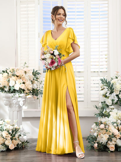 Vestidos de Dama de Honra Em Chiffon Linha A com Mangas Curtas e Laterais Divididas Até O Chão