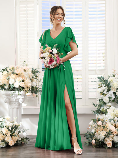 Vestidos de Dama de Honra Em Chiffon Linha A com Mangas Curtas e Laterais Divididas Até O Chão
