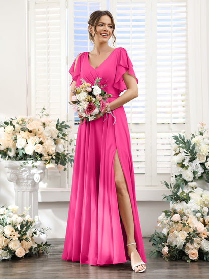 Vestidos de Dama de Honra Em Chiffon Linha A com Mangas Curtas e Laterais Divididas Até O Chão