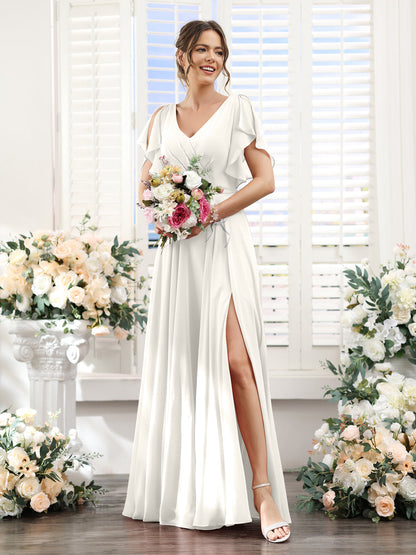 Vestidos de Dama de Honra Em Chiffon Linha A com Mangas Curtas e Laterais Divididas Até O Chão