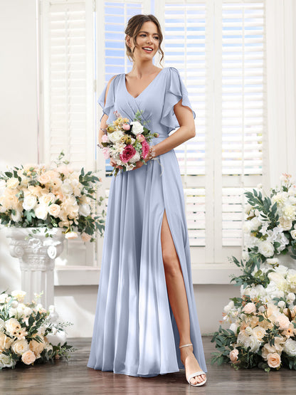 Vestidos de Dama de Honra Em Chiffon Linha A com Mangas Curtas e Laterais Divididas Até O Chão