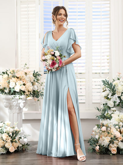 Vestidos de Dama de Honra Em Chiffon Linha A com Mangas Curtas e Laterais Divididas Até O Chão