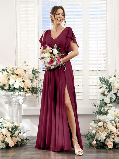Vestidos de Dama de Honra Em Chiffon Linha A com Mangas Curtas e Laterais Divididas Até O Chão