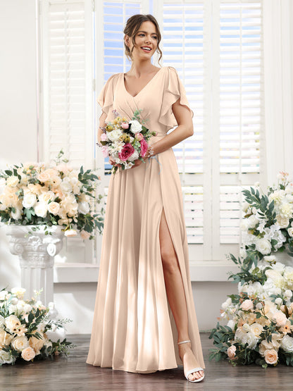 Vestidos de Dama de Honra Em Chiffon Linha A com Mangas Curtas e Laterais Divididas Até O Chão