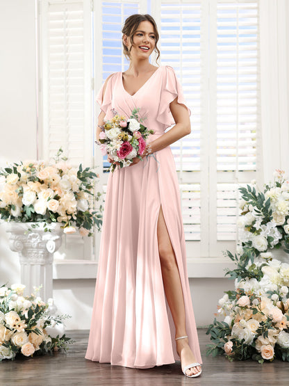 Vestidos de Dama de Honra Em Chiffon Linha A com Mangas Curtas e Laterais Divididas Até O Chão