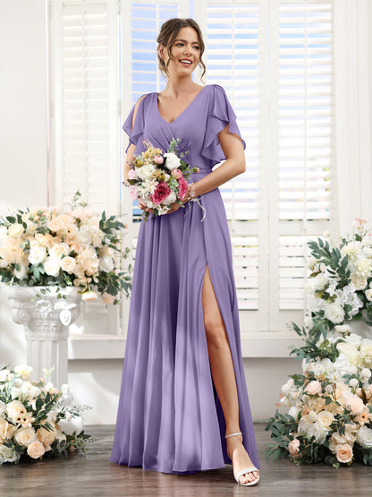 Vestidos de Dama de Honra Em Chiffon Linha A com Mangas Curtas e Laterais Divididas Até O Chão