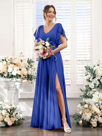 Vestidos de Dama de Honra Em Chiffon Linha A com Mangas Curtas e Laterais Divididas Até O Chão