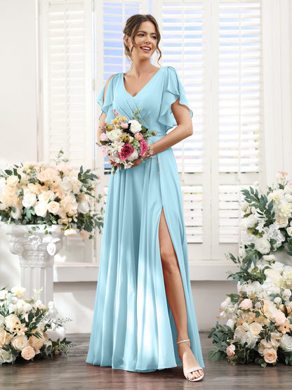 Vestidos de Dama de Honra Em Chiffon Linha A com Mangas Curtas e Laterais Divididas Até O Chão