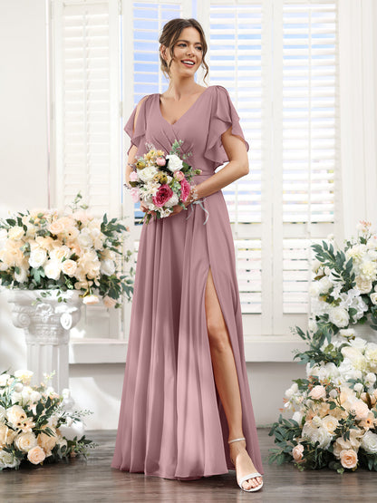 Vestidos de Dama de Honra Em Chiffon Linha A com Mangas Curtas e Laterais Divididas Até O Chão