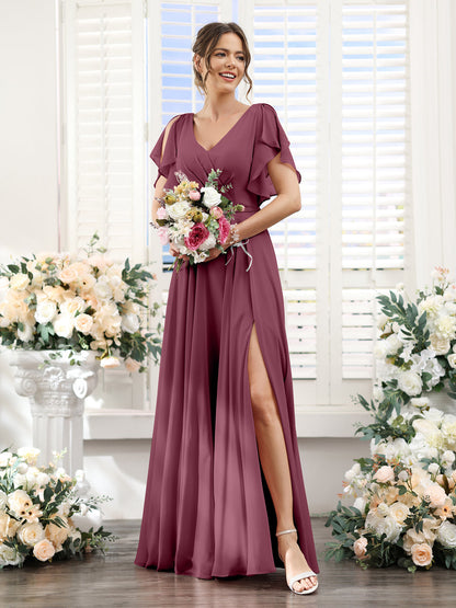 Vestidos de Dama de Honra Em Chiffon Linha A com Mangas Curtas e Laterais Divididas Até O Chão