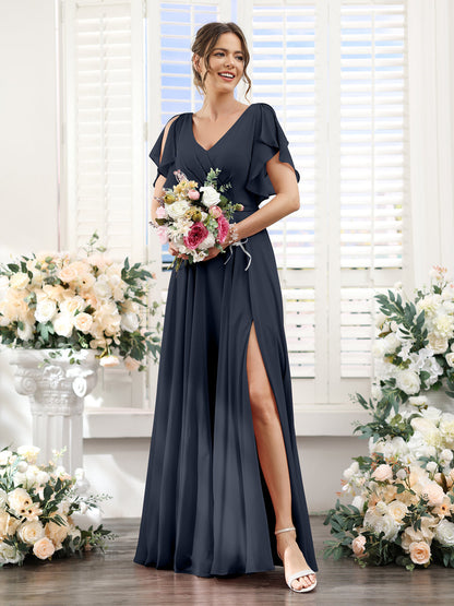 Vestidos de Dama de Honra Em Chiffon Linha A com Mangas Curtas e Laterais Divididas Até O Chão