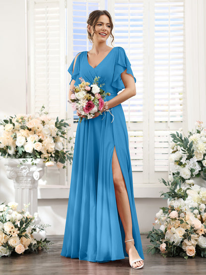 Vestidos de Dama de Honra Em Chiffon Linha A com Mangas Curtas e Laterais Divididas Até O Chão