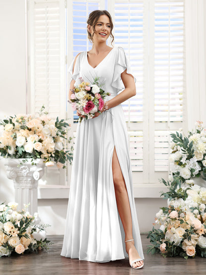 Vestidos de Dama de Honra Em Chiffon Linha A com Mangas Curtas e Laterais Divididas Até O Chão