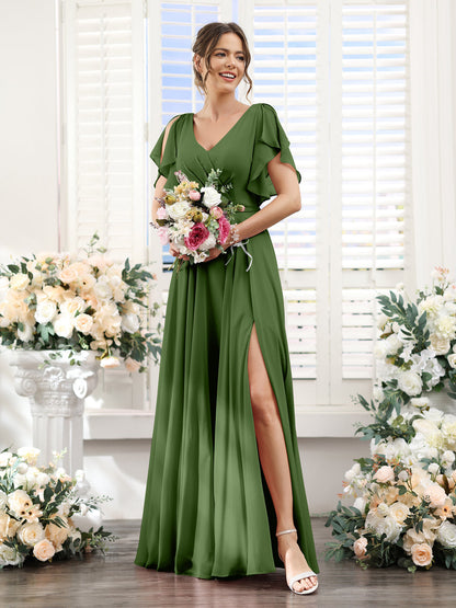 Vestidos de Dama de Honra Em Chiffon Linha A com Mangas Curtas e Laterais Divididas Até O Chão