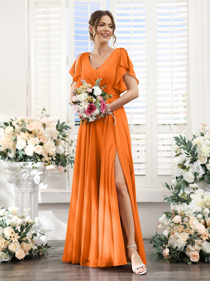 Vestidos de Dama de Honra Em Chiffon Linha A com Mangas Curtas e Laterais Divididas Até O Chão