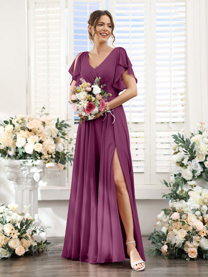 Vestidos de Dama de Honra Em Chiffon Linha A com Mangas Curtas e Laterais Divididas Até O Chão