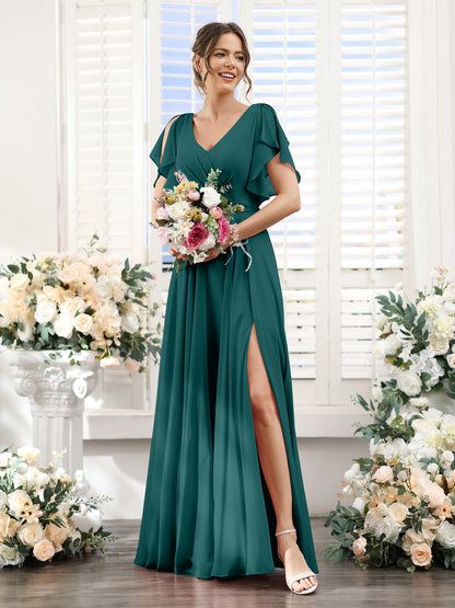 Vestidos de Dama de Honra Em Chiffon Linha A com Mangas Curtas e Laterais Divididas Até O Chão
