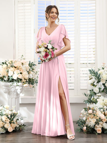 Vestidos de Dama de Honra Em Chiffon Linha A com Mangas Curtas e Laterais Divididas Até O Chão