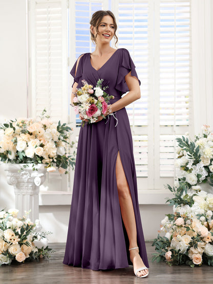 Vestidos de Dama de Honra Em Chiffon Linha A com Mangas Curtas e Laterais Divididas Até O Chão