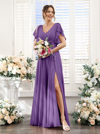 Vestidos de Dama de Honra Em Chiffon Linha A com Mangas Curtas e Laterais Divididas Até O Chão