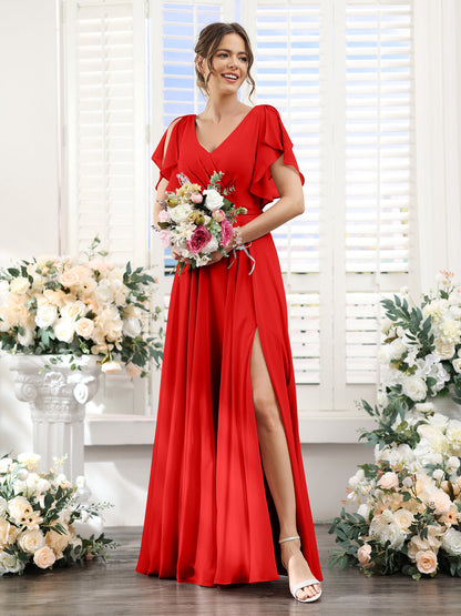 Vestidos de Dama de Honra Em Chiffon Linha A com Mangas Curtas e Laterais Divididas Até O Chão