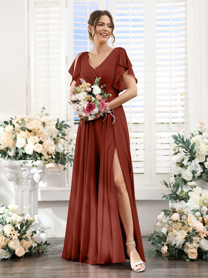 Vestidos de Dama de Honra Em Chiffon Linha A com Mangas Curtas e Laterais Divididas Até O Chão