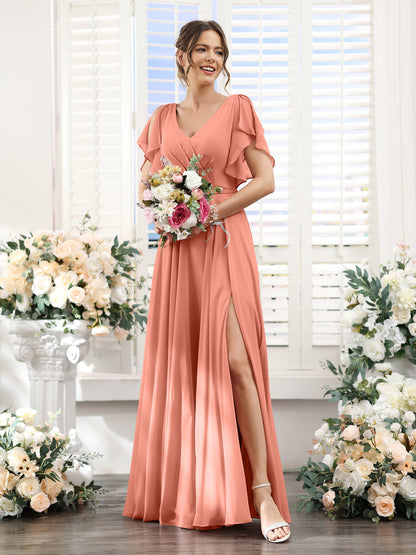 Vestidos de Dama de Honra Em Chiffon Linha A com Mangas Curtas e Laterais Divididas Até O Chão