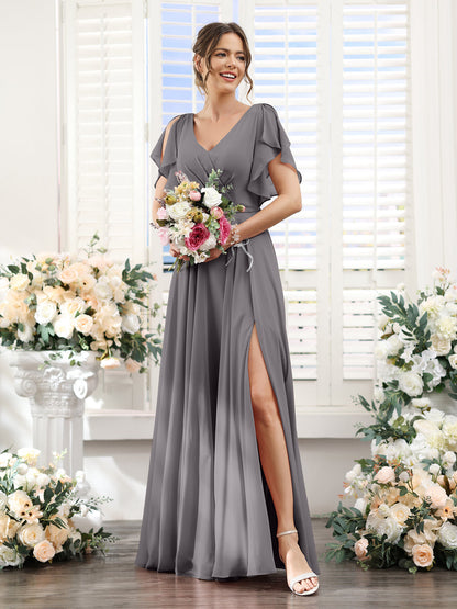 Vestidos de Dama de Honra Em Chiffon Linha A com Mangas Curtas e Laterais Divididas Até O Chão