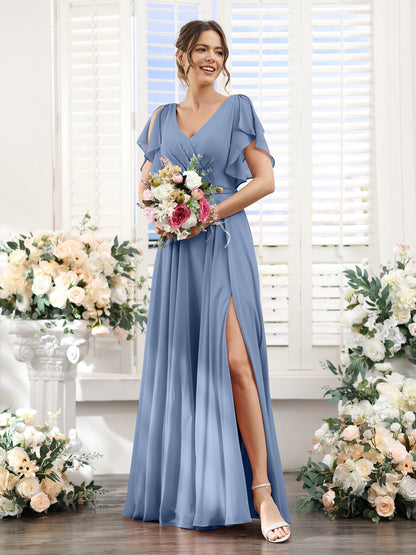 Vestidos de Dama de Honra Em Chiffon Linha A com Mangas Curtas e Laterais Divididas Até O Chão