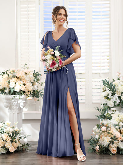 Vestidos de Dama de Honra Em Chiffon Linha A com Mangas Curtas e Laterais Divididas Até O Chão