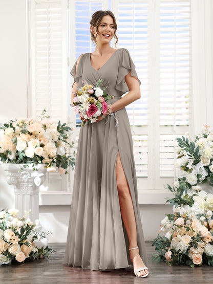 Vestidos de Dama de Honra Em Chiffon Linha A com Mangas Curtas e Laterais Divididas Até O Chão