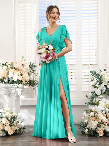 Vestidos de Dama de Honra Em Chiffon Linha A com Mangas Curtas e Laterais Divididas Até O Chão