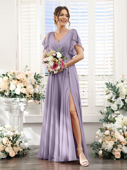 Vestidos de Dama de Honra Em Chiffon Linha A com Mangas Curtas e Laterais Divididas Até O Chão