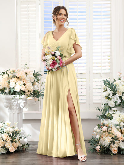 Vestidos de Dama de Honra Em Chiffon Linha A com Mangas Curtas e Laterais Divididas Até O Chão