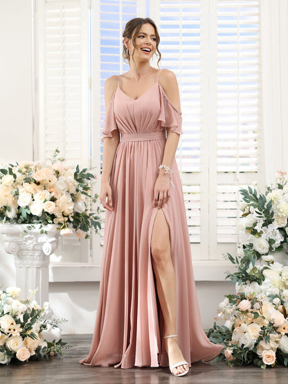 Vestidos de Dama de Honra Em Chiffon Linha A com Alças Finas e Franzidos Laterais Divididas Até O Chão