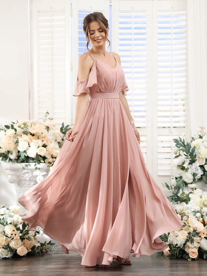 Vestidos de Dama de Honra Em Chiffon Linha A com Alças Finas e Franzidos Laterais Divididas Até O Chão