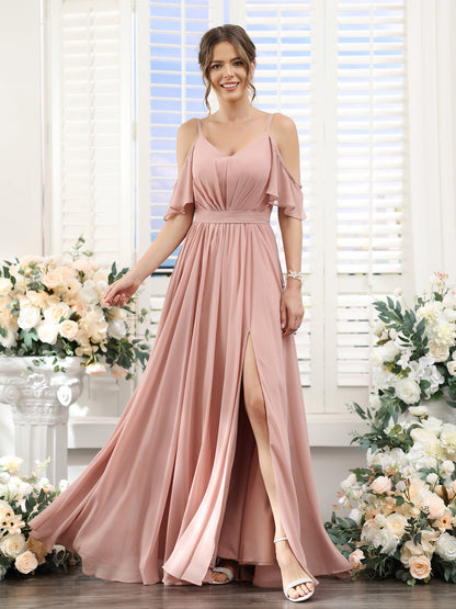 Vestidos de Dama de Honra Em Chiffon Linha A com Alças Finas e Franzidos Laterais Divididas Até O Chão