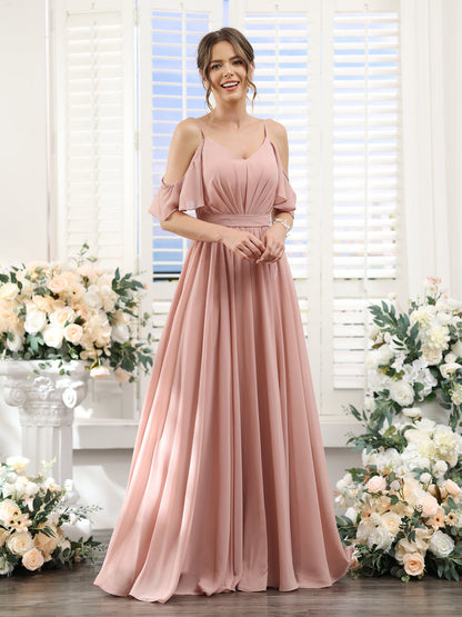 Vestidos de Dama de Honra Em Chiffon Linha A com Alças Finas e Franzidos Laterais Divididas Até O Chão