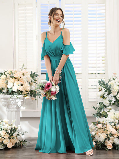 Vestidos de Dama de Honra Em Chiffon Linha A com Alças Finas e Franzidos Laterais Divididas Até O Chão