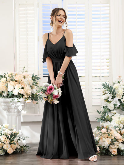 Vestidos de Dama de Honra Em Chiffon Linha A com Alças Finas e Franzidos Laterais Divididas Até O Chão