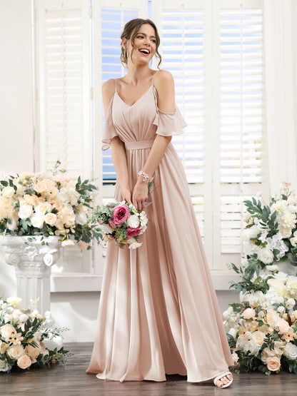 Vestidos de Dama de Honra Em Chiffon Linha A com Alças Finas e Franzidos Laterais Divididas Até O Chão