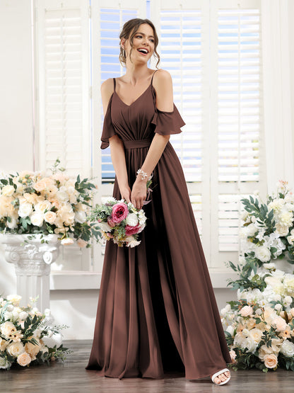 Vestidos de Dama de Honra Em Chiffon Linha A com Alças Finas e Franzidos Laterais Divididas Até O Chão