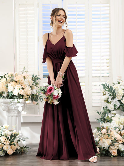 Vestidos de Dama de Honra Em Chiffon Linha A com Alças Finas e Franzidos Laterais Divididas Até O Chão