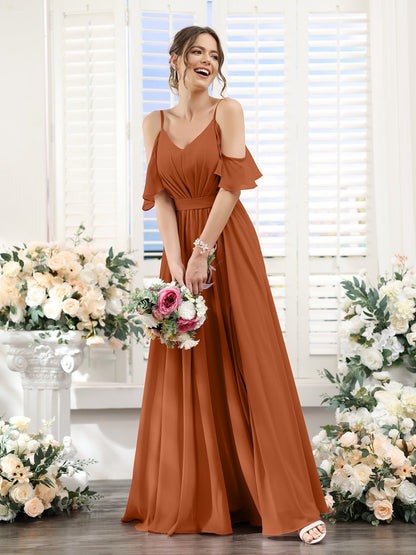 Vestidos de Dama de Honra Em Chiffon Linha A com Alças Finas e Franzidos Laterais Divididas Até O Chão