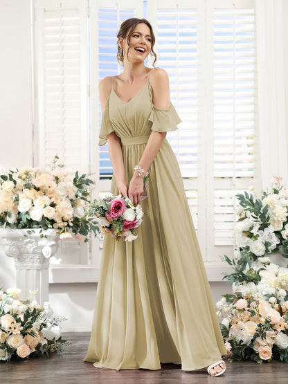 Vestidos de Dama de Honra Em Chiffon Linha A com Alças Finas e Franzidos Laterais Divididas Até O Chão